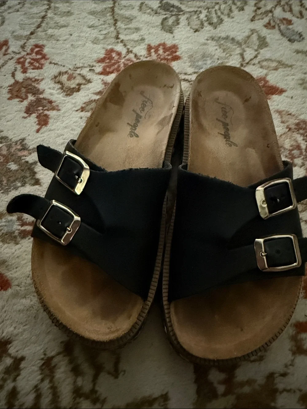 Free People Black Leather Double-Buckle Platform Slide Sandals
